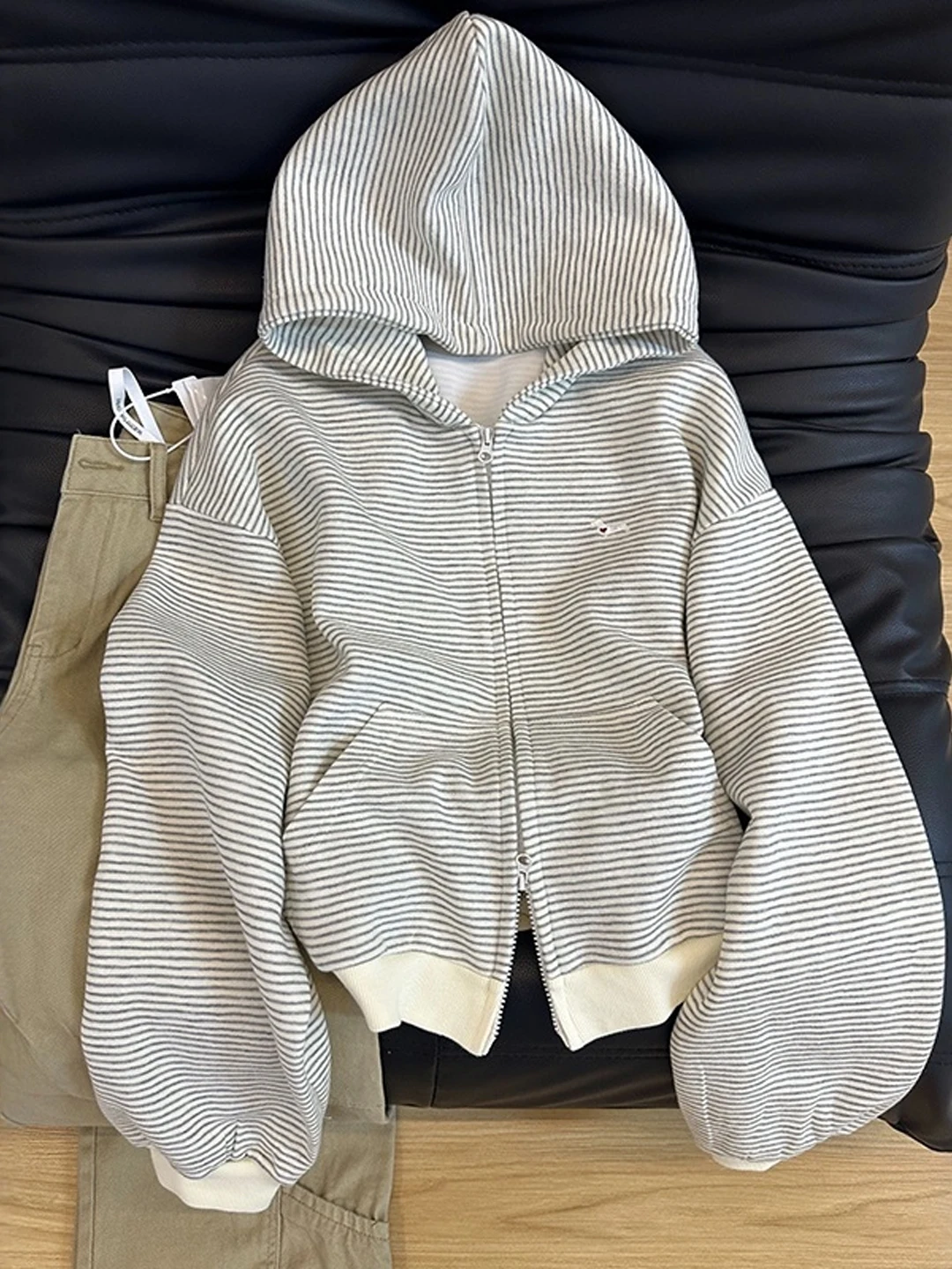 

Casual Striped Hoodie Sweatirt Korean Sle Age-Defng Trendy Outerwear Large Size Top High Waist A-Line Skirt Autumn