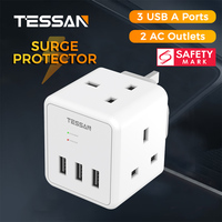TESSAN Surge Protector Cube Wall Socket with 2 AC Outlets 3 USB A Port Double Plug Adapter Multi UK Plug Adaptor for Home School