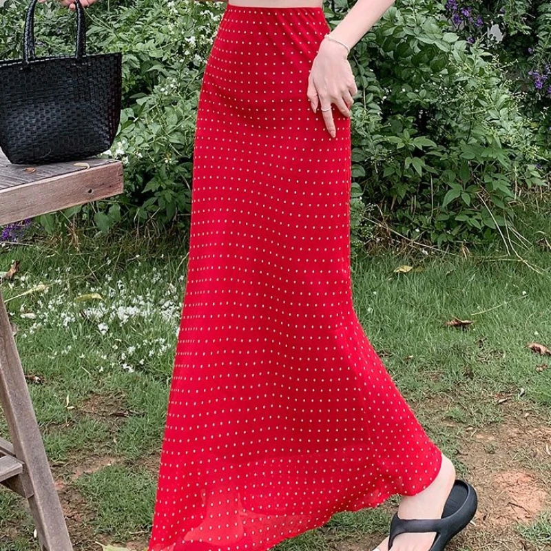 Summer New Polka Dot Retro High Waist Slimming Fish Tail Versatile Temperament Chiffon Long Skirt
