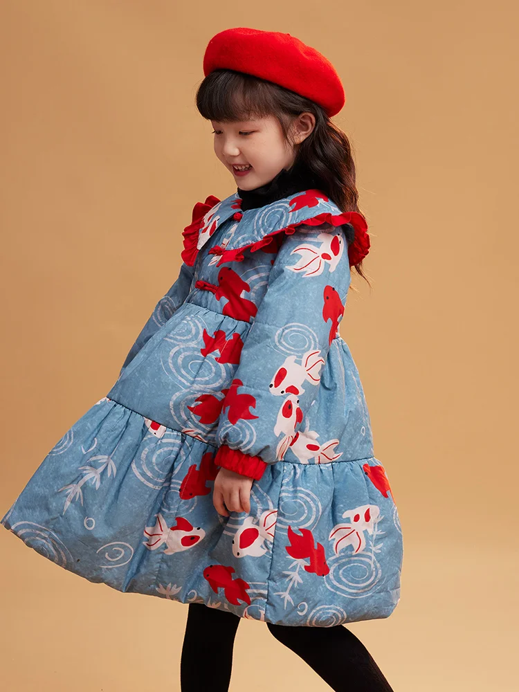 100% Cotton Baby Girls Fashion Winter Warm Thick Dress Kids New Year Clothing Blue Cute Chinese Style Children Clothes 150cm