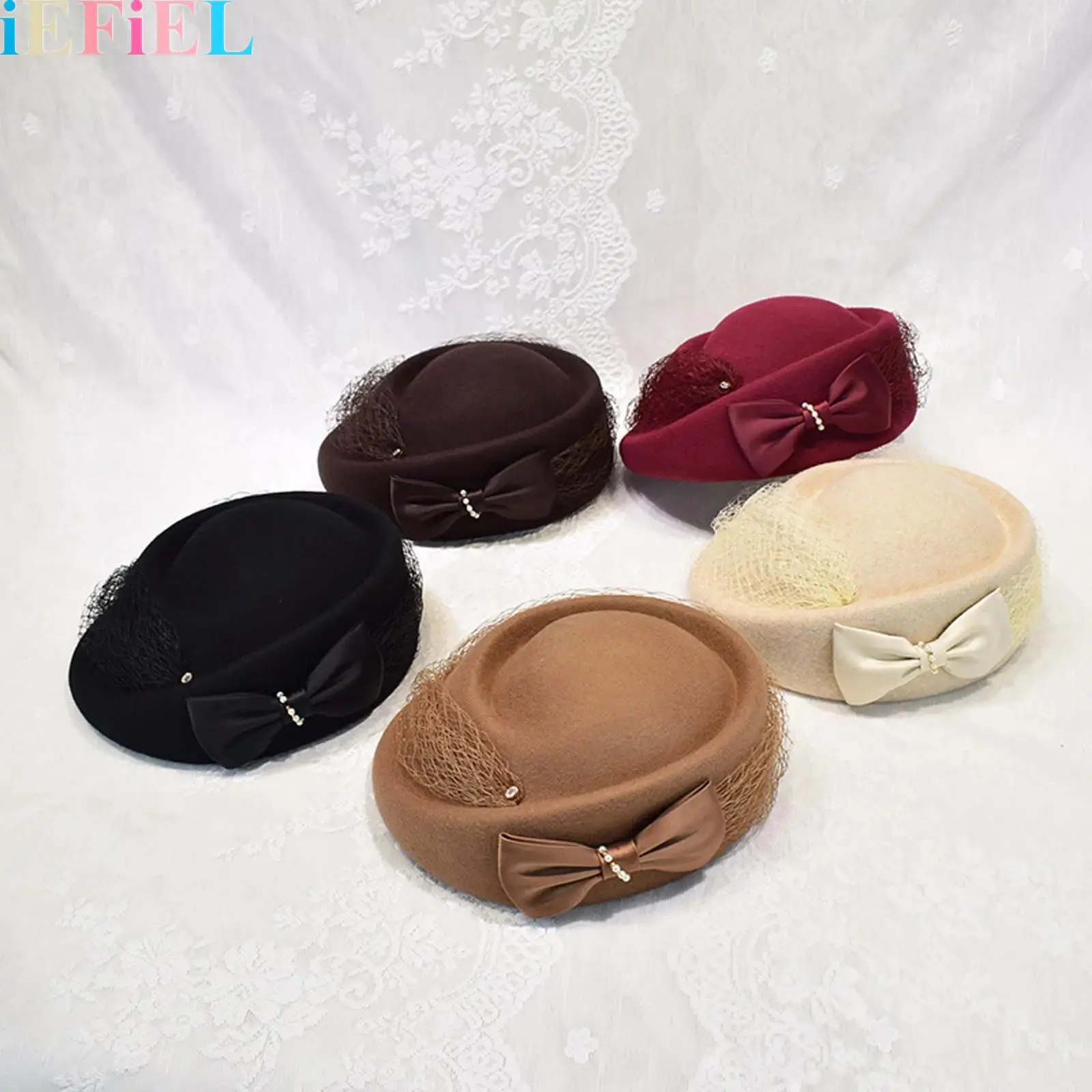 

1Pcs Women Bow-Tie Wool Felt Pillbox Hat Bowknot Fedoras Adorned with False Pearls for Wedding Church Hat