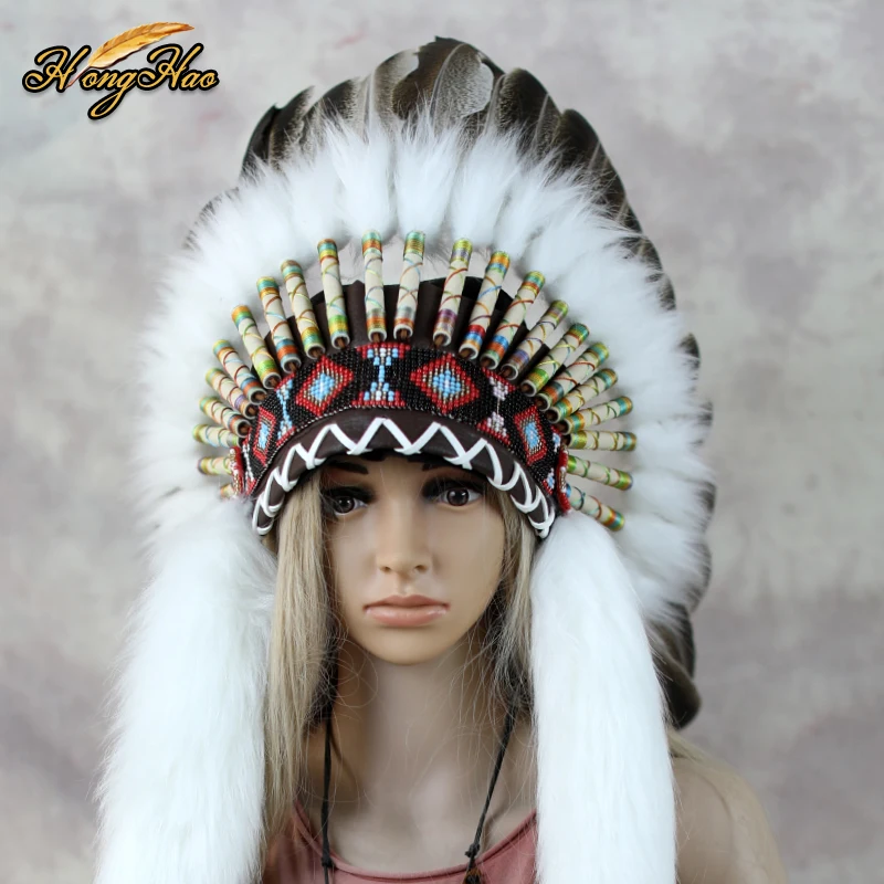 Indian Hat Feather Headdress White feather headwear Men Women Head Accessories for Carnival Show Fancy Dress Cosplay Halloween