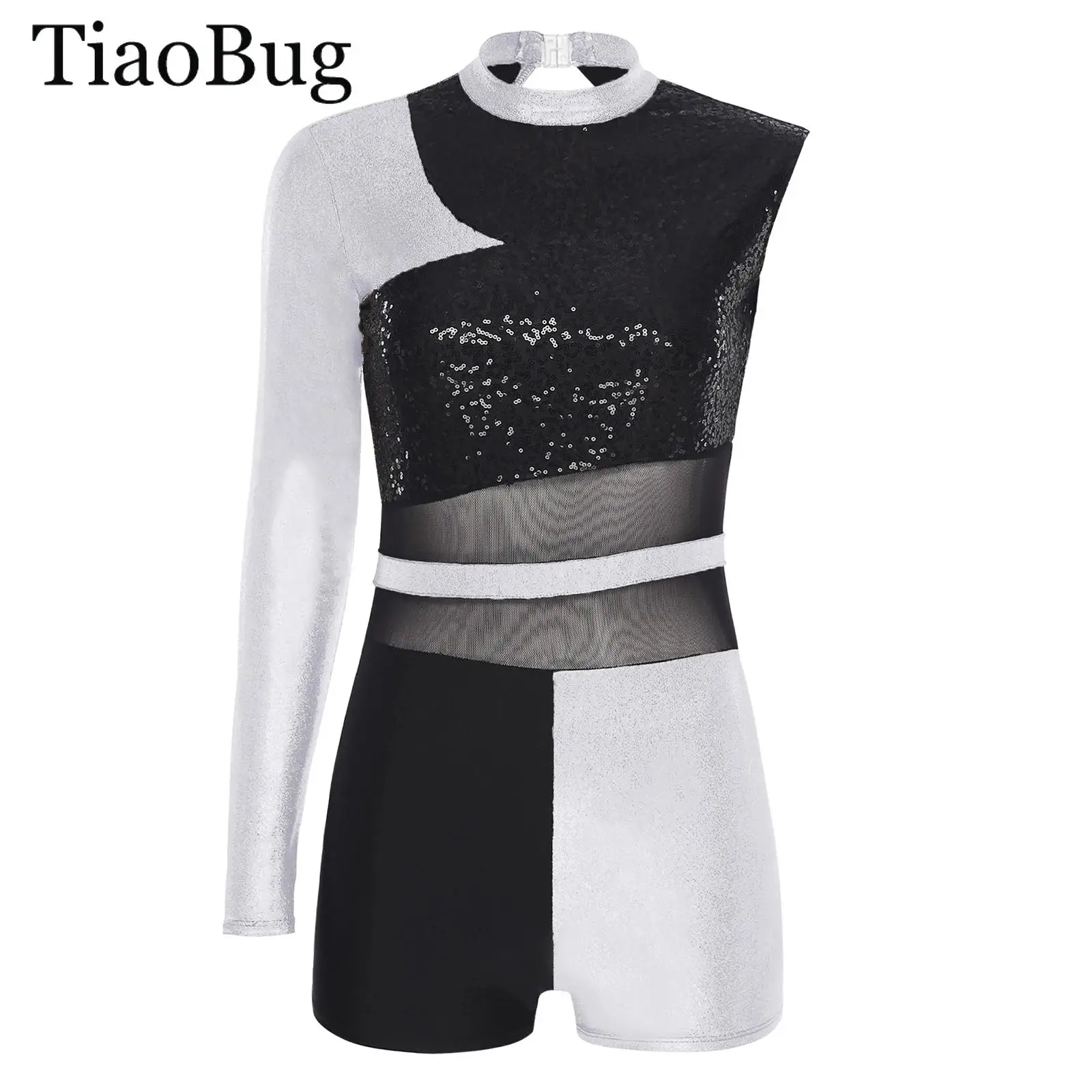 

Women Jazz Latin Dance Leotard Bodysuit Boyshorts One Shoulder Sequins Metallic Shiny Tango Cha Cha Ballet Ballroom Dancewear