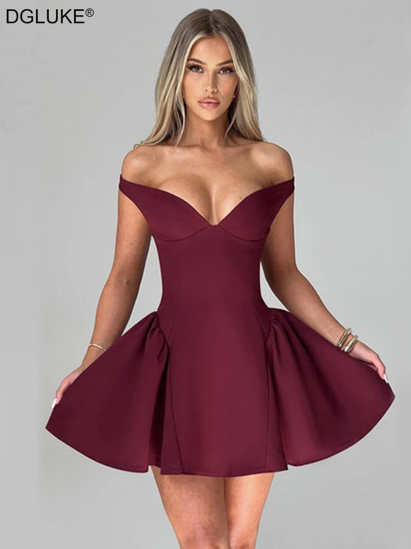 

DGLUKE Off Shoulder Backless Sexy Mini Dress Elegant Burgundy Christmas Party Dress For Women Sleeveless A-Line Short Dresses