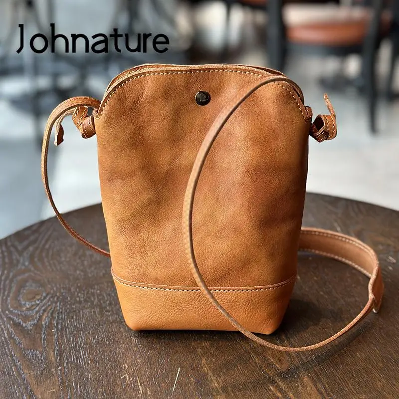 Johnature Leisure Women Bag 2024 New Genuine Leather Mobile Phone Small Shoulder Bags Simple Soft Cowhide Messenger Bag