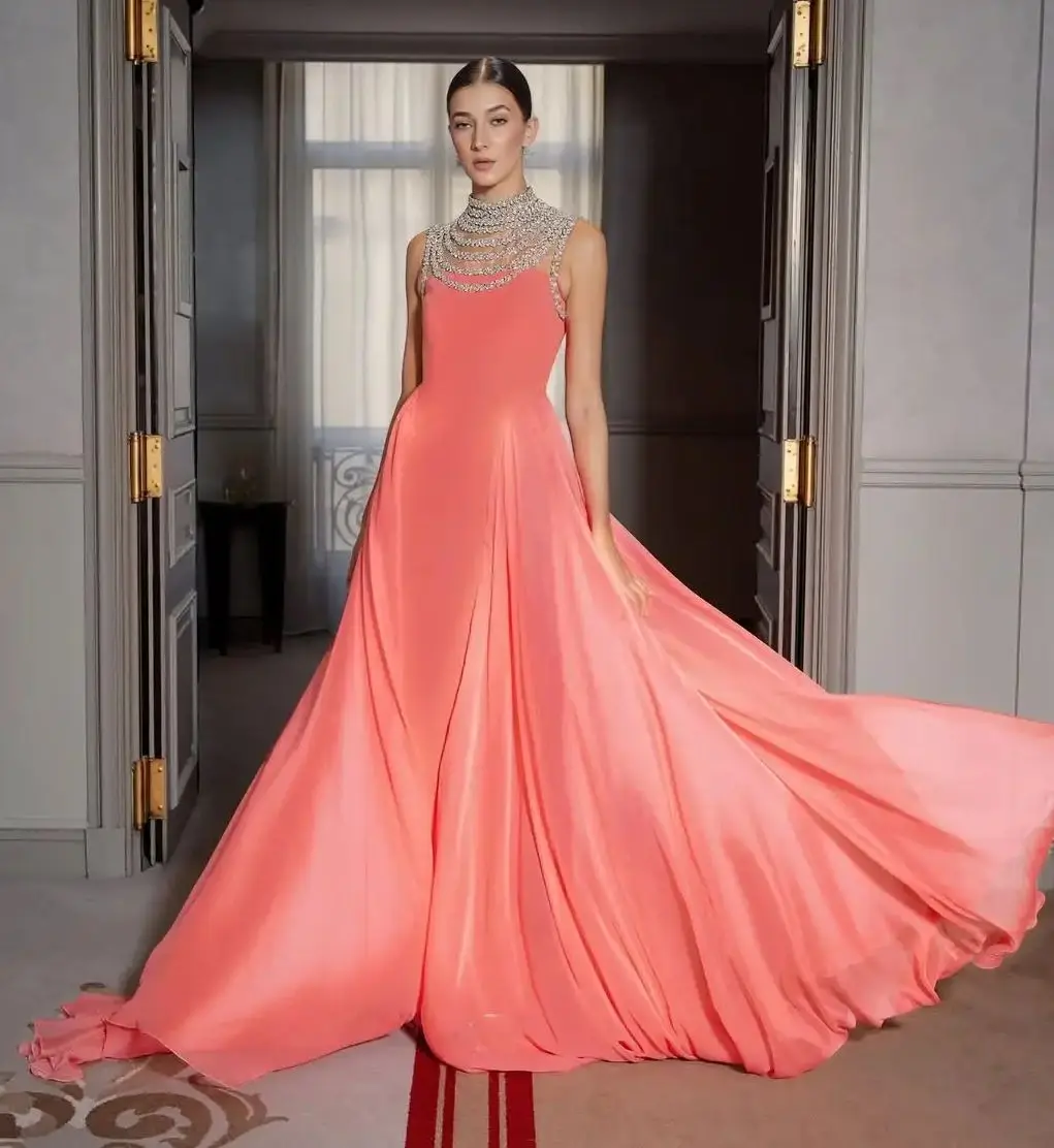 

Ofherown Coral Pink Crystal Collar Evening Dress Women Sleeveless A-Line Maxi Prom Gown Formal Gala Party Dress Customized