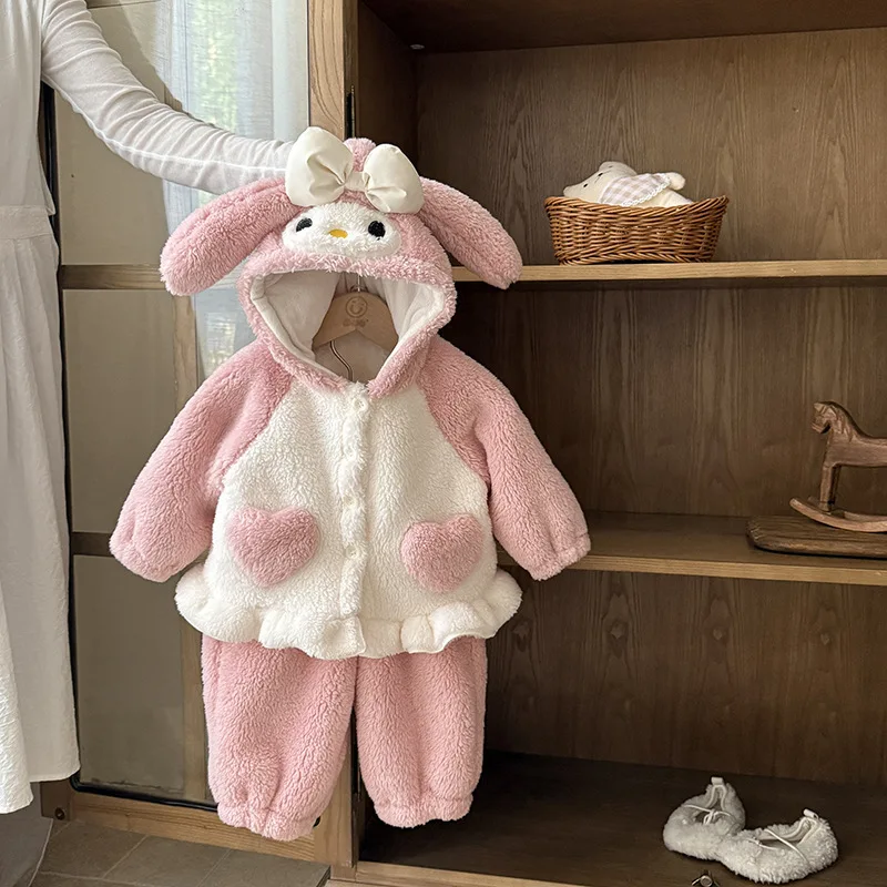 

Пижамы из кораллового флиса My Melody для девочек, утепленный костюм, осенне-зимняя новая фланелевая домашняя одежда, детская одежда, каваи, мультфильм