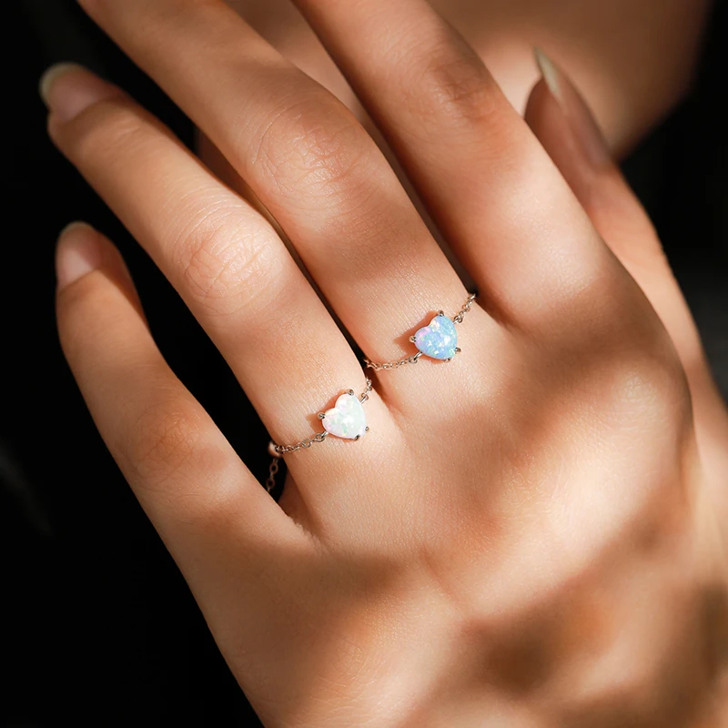 Ailmay 925 Sterling Silver Rings For Women Charm Heart Opal Adjustable Link Chain Rings Exquisite Engagement Anniversary Jewelry