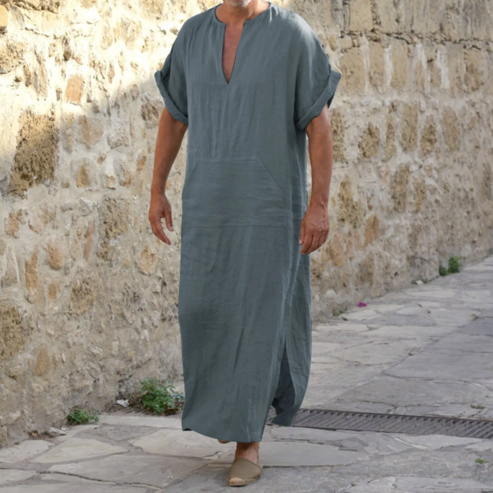 Мусульманский Арабский Кафтан с коротким рукавом Однотонная мусульманская одежда с V-образным вырезом Свободная Повседневная Средний Восток Дубай Jubba Thobe