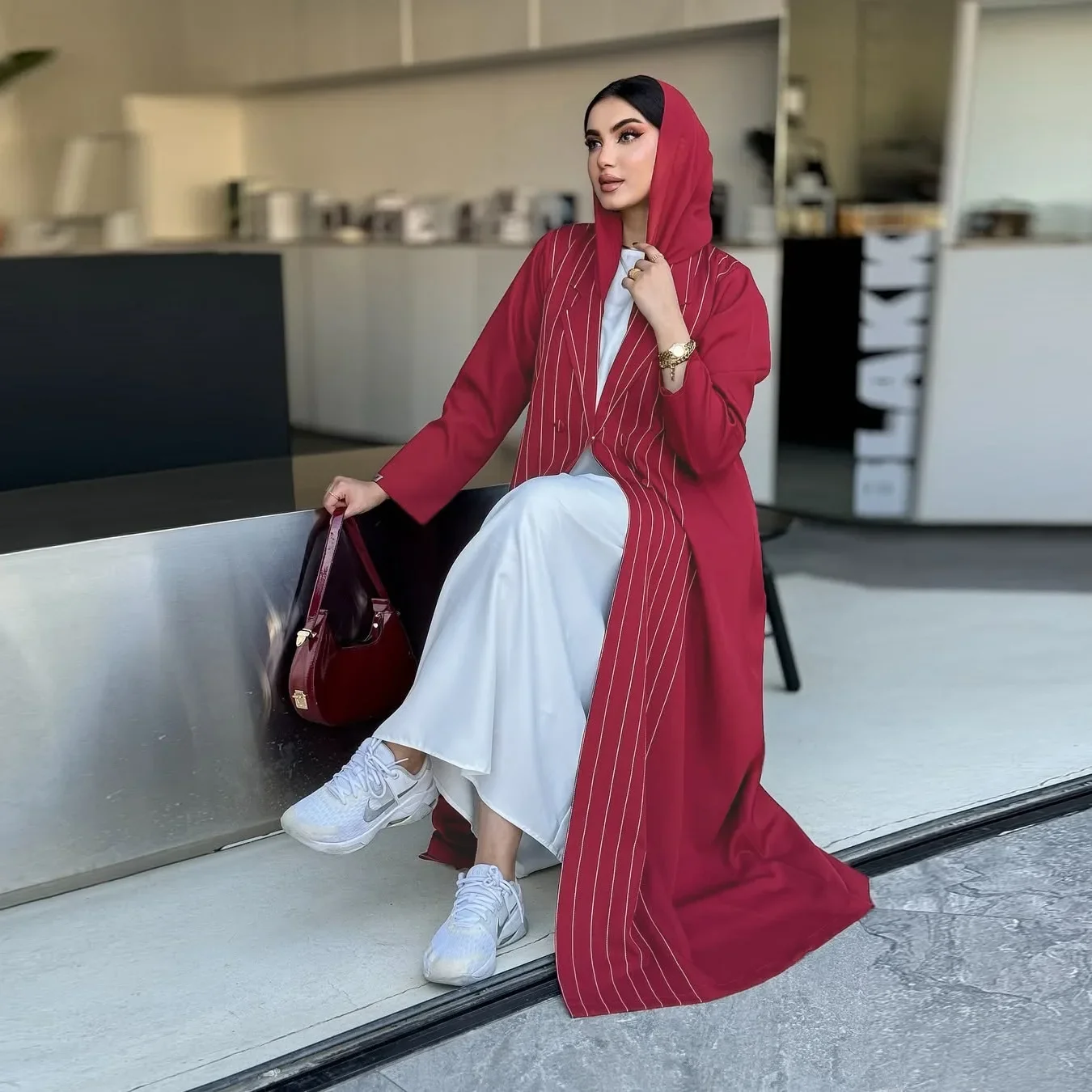 

Contrasting Colors Striped Versatile Summer New Muslim Women's Clothing Robe Abaya Fashion Coat Cardigan