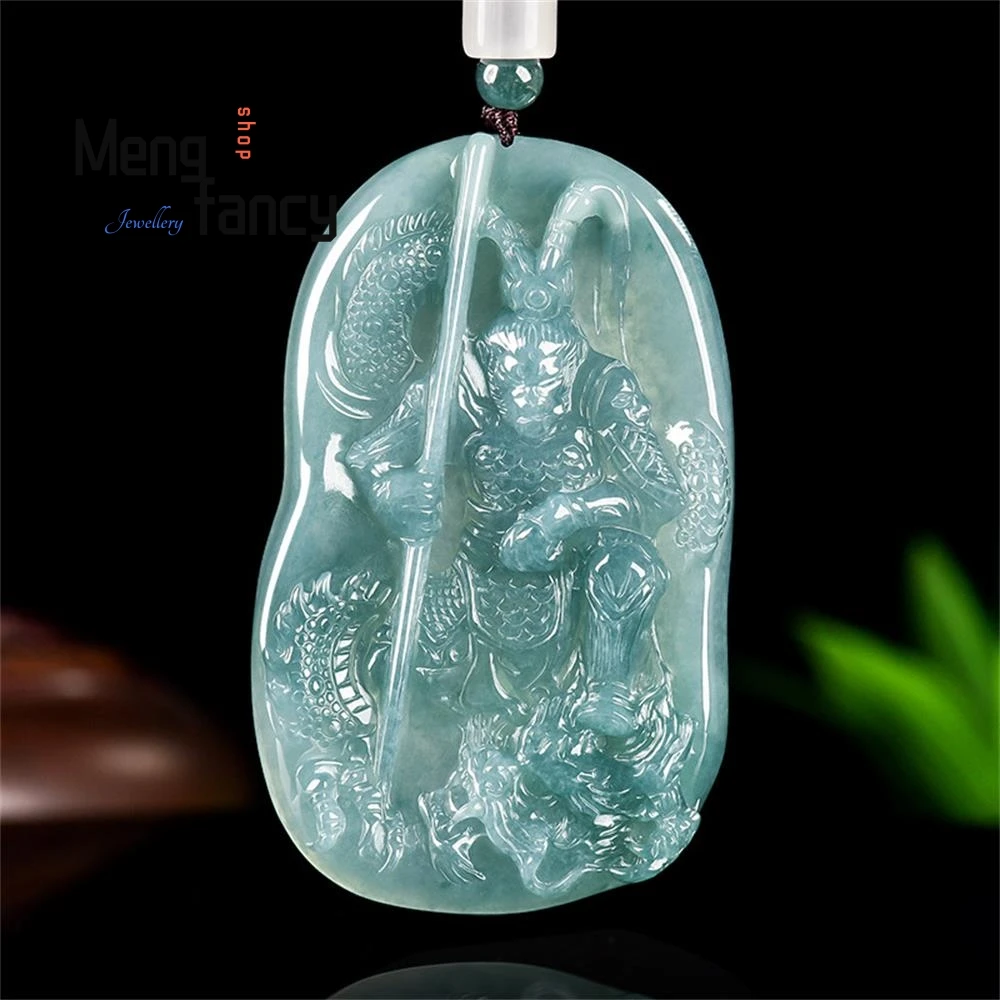 

Natural A-grade Jadeite Blue Water Powerful Black Mythological Wukong Equal Heaven Great Sage Jade Pendant Fashion Fine Jewelry