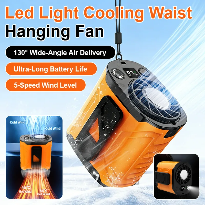 USB Rechargeable Waist-mounted Fan with Strong Light Turbine High Wind Power Portable Neck Fan for High-temperature Work Room