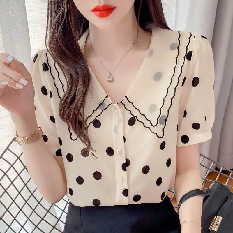 

Summer New Style Doll Collar Short Sleeve Chiffon Blouse Women's Top Shirt Plus Size Fashionable