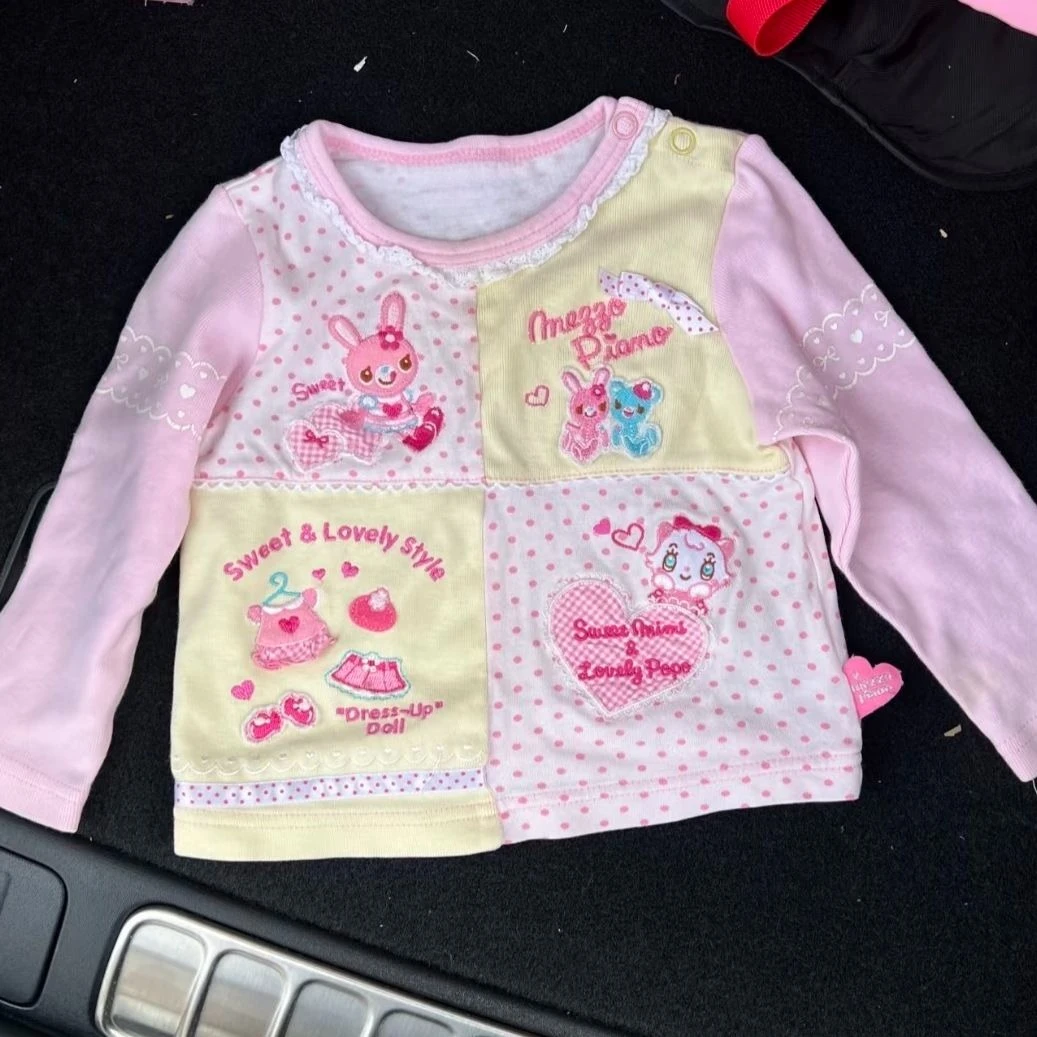 Japońska kobieta Kawaii Y2k Harajuku T-shirty Śliczna odzież damska Patchwork Kawaii Sweet Cartoon Print Stripe Y2k Clothes Top