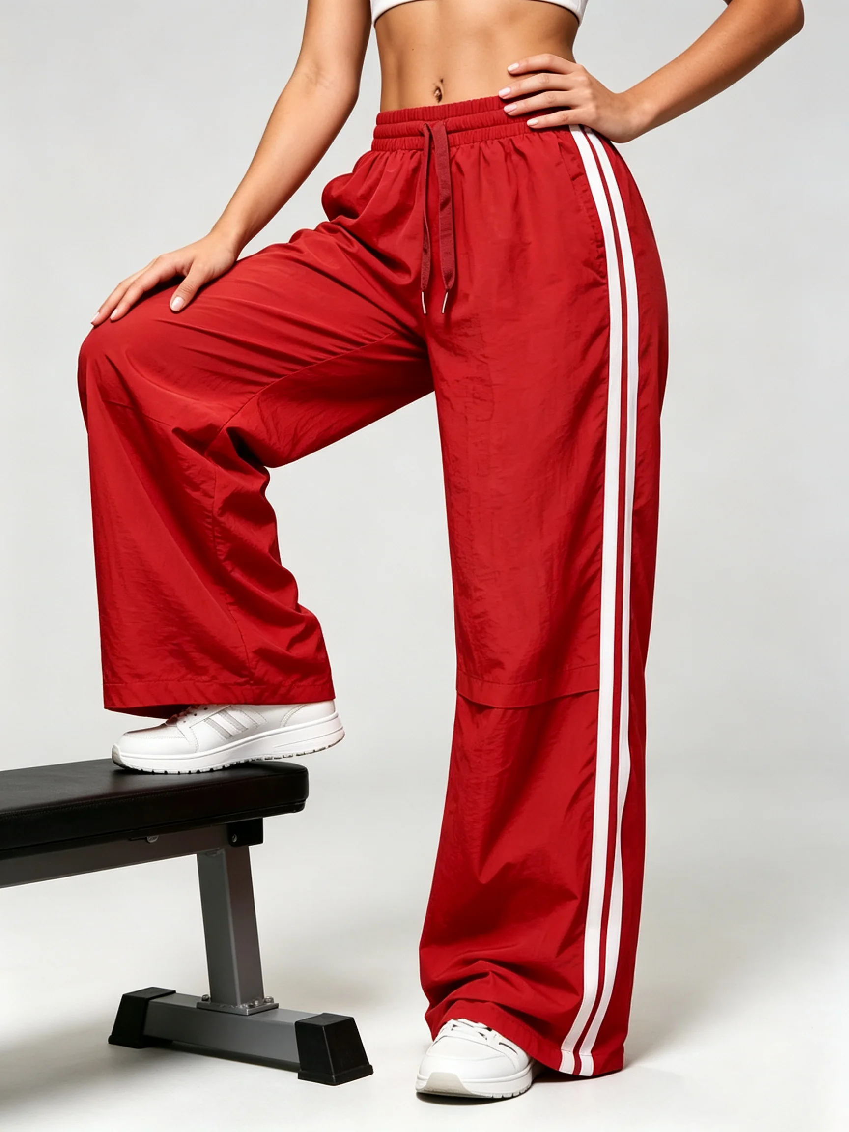 Gestreifte Damenhose, locker geschnitten, mit elastischem Bund und Kordelzug, gerade Beine, lässige Jogginghose, niedriger Bund, weit geschnittene Hose für Outdoor-Sportarten – Detail 5