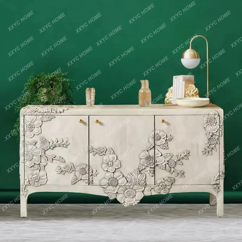 TTFrench Solid Wood Porch Cabinet American Retro Style Living Room Three-door Dining Side Cabinet, Old Foyer Decorative Cabinet