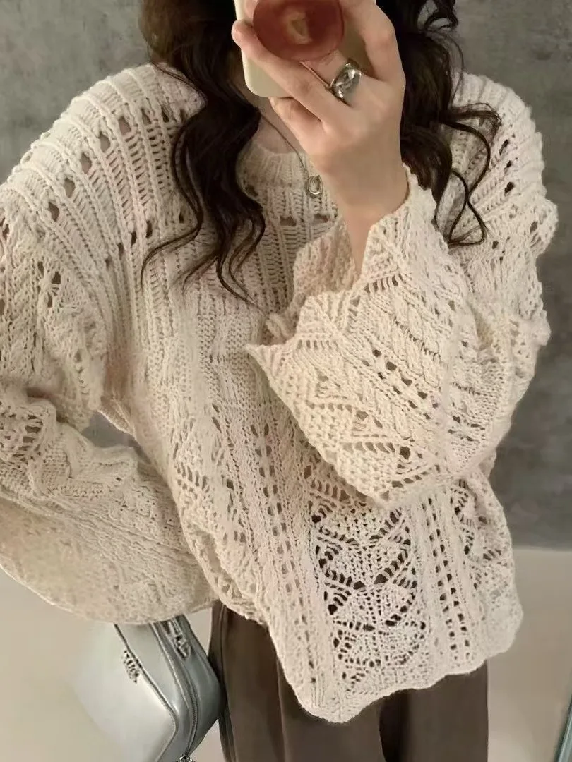 

Retro Sweet Hollow out Lazy Sle Knitted Sweater Women's Loose Fit Long Sve Autumn New Design Versatile Comfortable Sweater