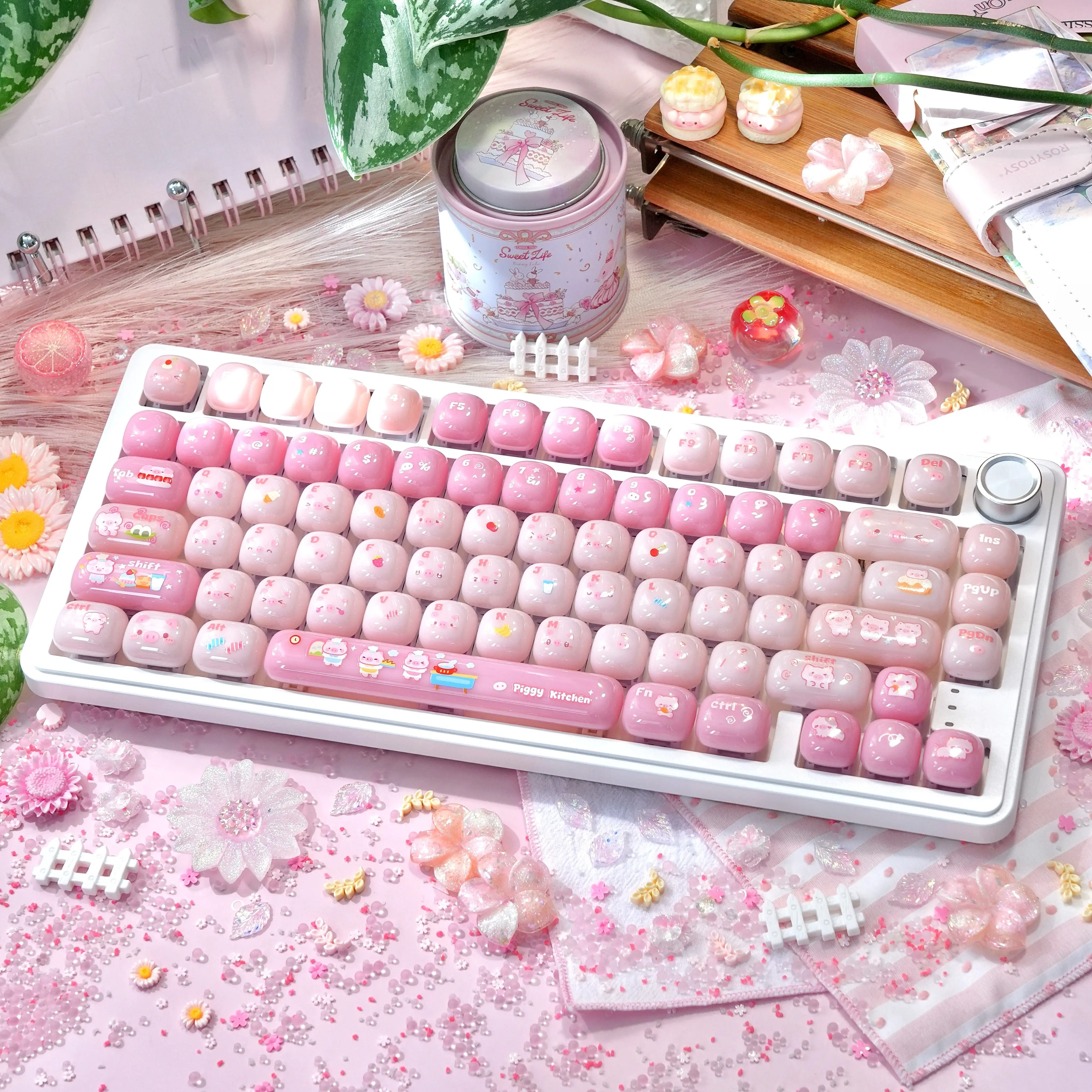 MAIMOOO Piggy Soft Candy Keycaps MOG Profile PC Translucent Round Cute Mantou Shape Pink Jelly Keycap for Mechanical Keyboard