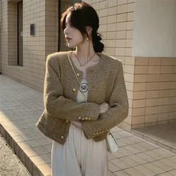 Abrigo de Tweed de cuello redondo suelto para mujer, abrigo corto Retro de alta calidad, moda hermosa, primavera y otoño