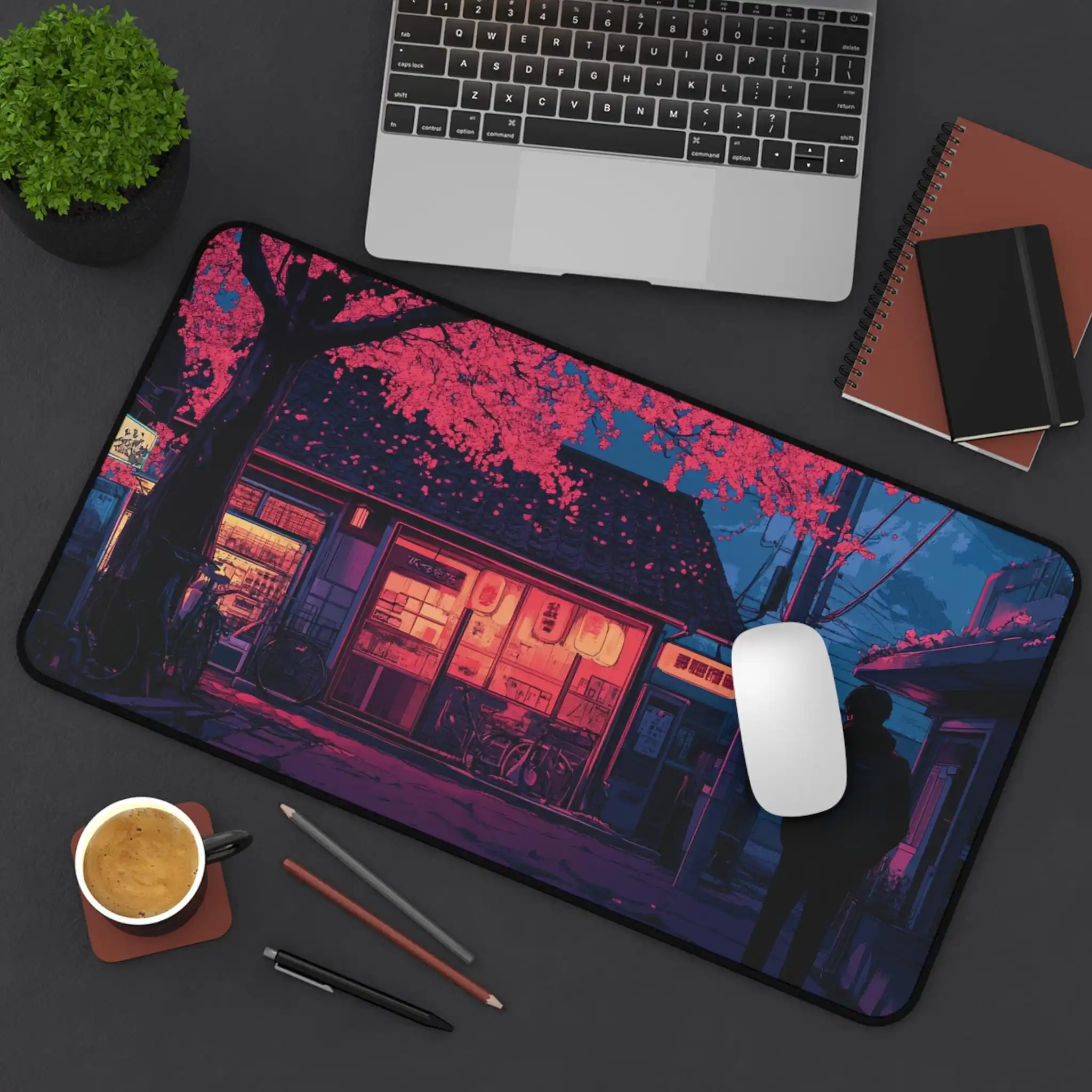 Nighttime Small Shop Scene, Cute Kawaii Desktop Decorations, Artistic Style Desk Mat, Anime Desk Mat, Perfect Gift for Friends