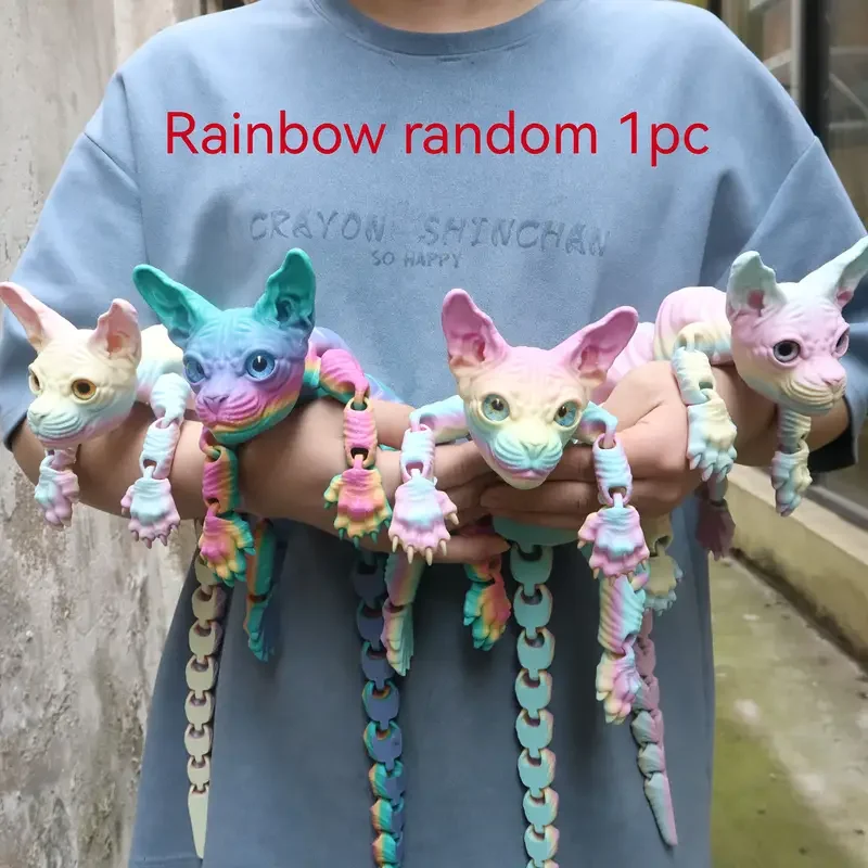 3D Printed Articulated Sphynx Cat Figurine Luminous Hairless Cat Fidget Toy Random Gradient Color Movable Joints Animal Model Ho