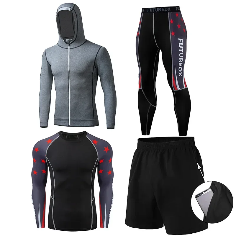 

4pcs Gym Sportswear Men's Sports Set Quick Dry Running Sports Long-sleeve Jersey Hooded Cycling Fitness Gym Leggings Set Hoodie