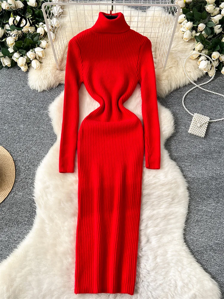 SINGREINY 2024 Newest Autumn Sweater Dress Turtleneck Full Sleeves High Elastic Slim Fit Ladies Gentle Solid Casual Long Dress