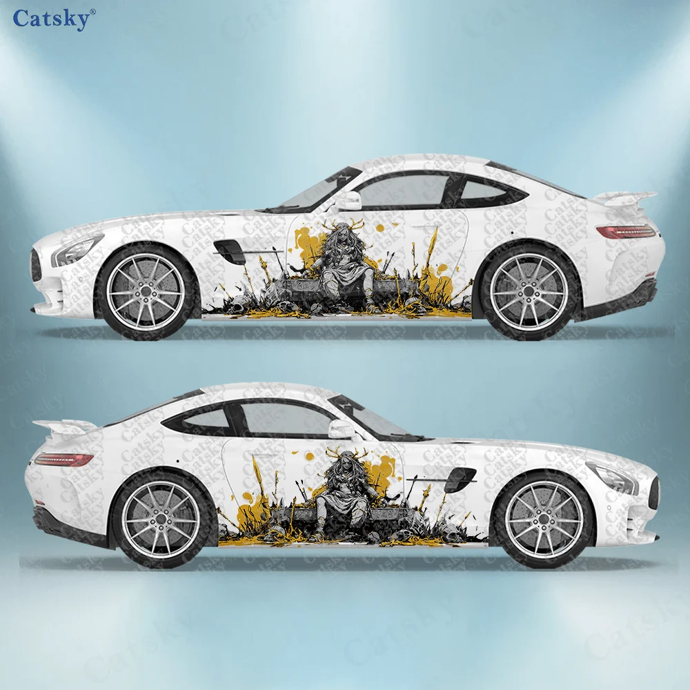 

2pcs Throne Horned Skull Car Side Decals, Self-Adhesive PVC Waterproof & Scratch-Resistant Stickers, Fashionable Decals