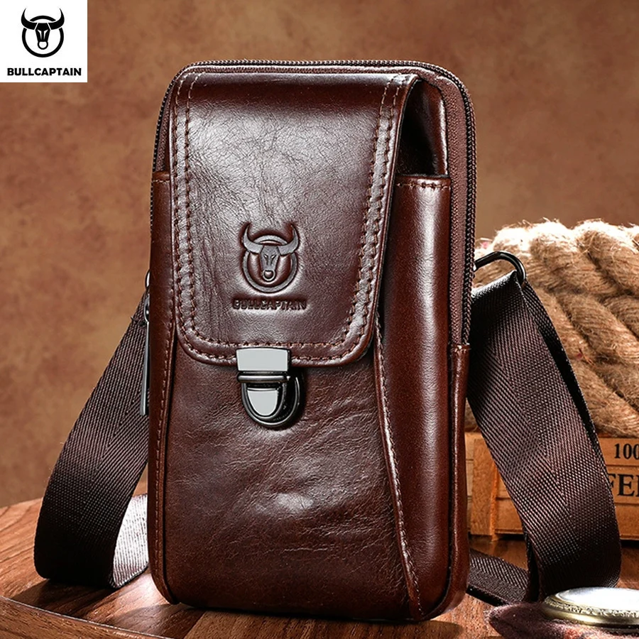 BULLCAPTAIN Genuine Leather Vintage Waist Packs Men Travel Fanny Pack Belt Bum Shoulder Bag Waist Bag Mobile Phone Pouch