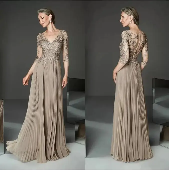 

Elegant Mother of Bride Dresses 2022 Lace Appliques V-Neck Long Wedding Party Guest Dress femme Champagne Chiffon robe de soire