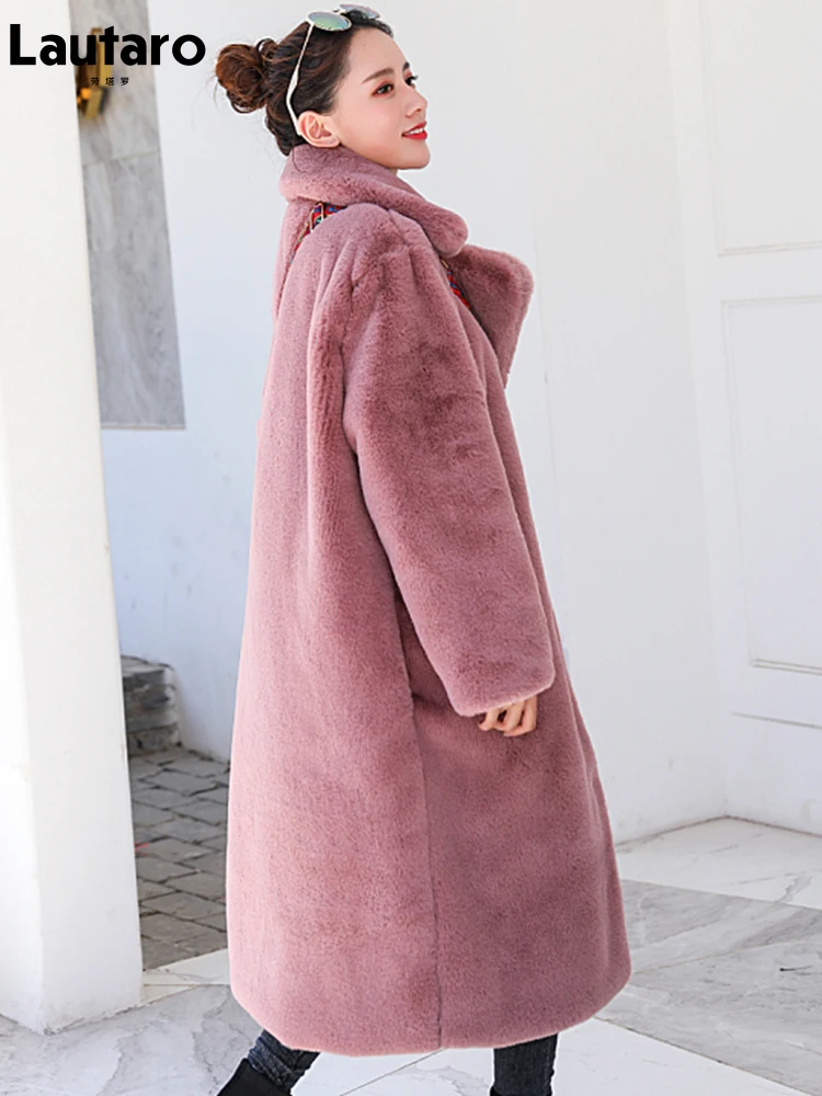 Lautaro Winter Long Loose Casual Black Warm Thick Soft Fluffy Faux Fur Coat Women Lapel Luxury Plus Size Korean Fashion 4Xl 5XL
