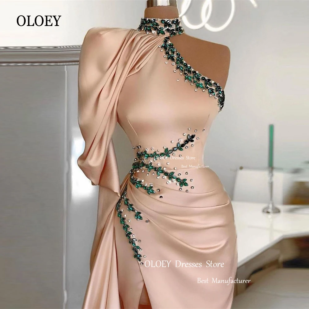 OLOEY-Vestidos de Noche de satén con cuello alto para mujer, vestidos de sirena, manga larga, cuentas, largo hasta el suelo, abertura, Formal, árabe, elegante, rubor