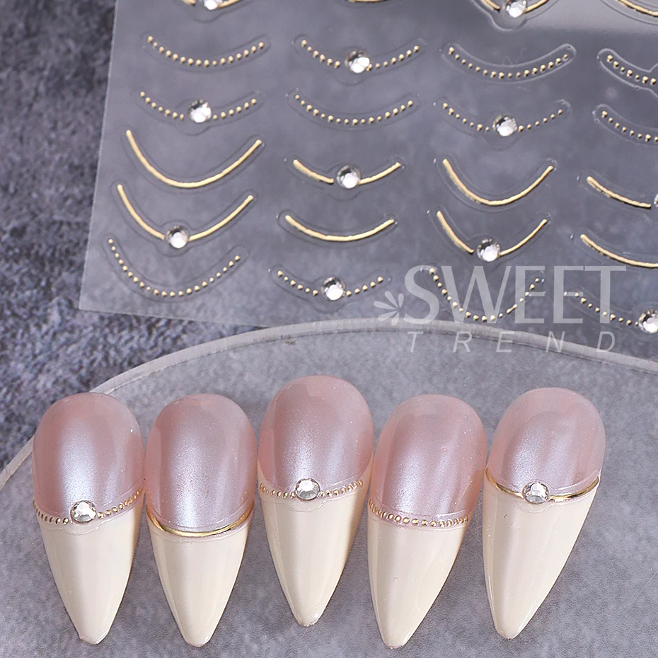 Metallic French Stripe Line Nail Sticker 3D Crystal Rhinestone Gold Silver Smile Line Simple Adhesive Slider DIY Nail Decoration