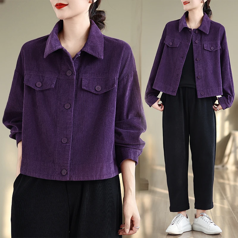 퍼플 플래드 캐주얼 재킷 여성용 2025 신상 패션 숏 셔츠 슬리브 코듀로이 가을 겨울 두꺼운 루즈핏