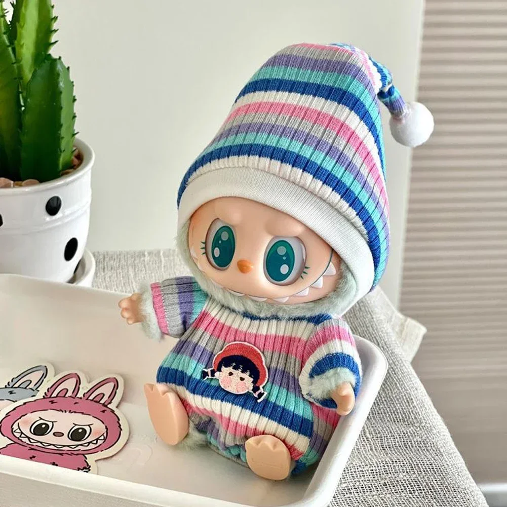 For Labubu Korea Kpop Idol 17cm Mini Plush Doll'S Clothes Outfit Accessories Sitting Party V1 V2 Autumn onesie hat set Clothing