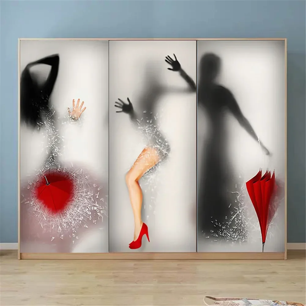 Cute Girls Door Poster Home Art Decorative Wallpaper For Door Vinyl Waterproof Modern Removable Umbrella Sticker Beauty Murals