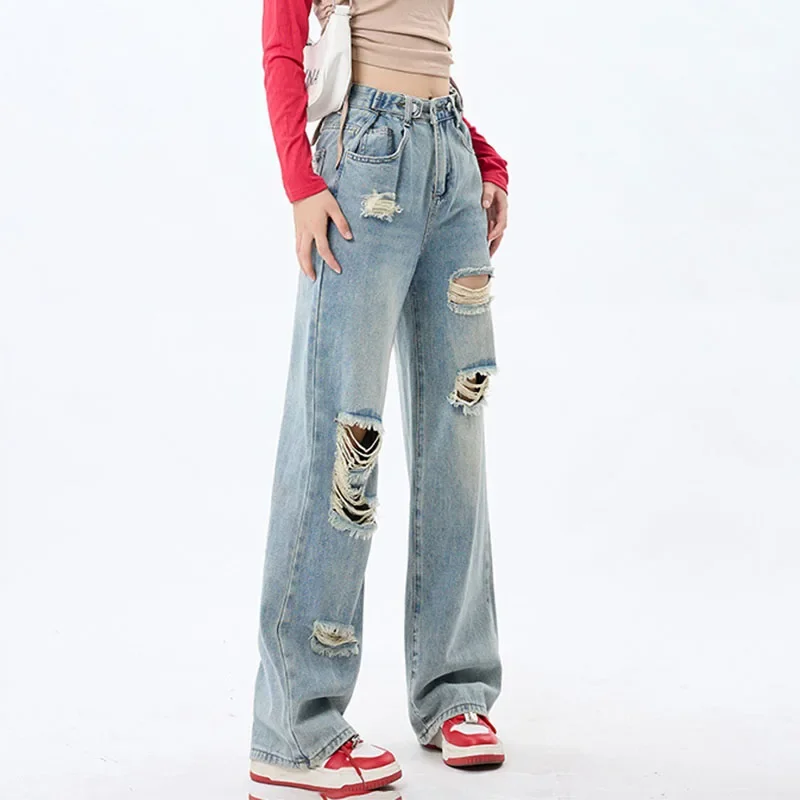 Calça jeans feminina com furo de cintura alta, botão, com zíper, calça reta, monocromática, feminina de perna larga, primavera, outono, senhoras, 2022