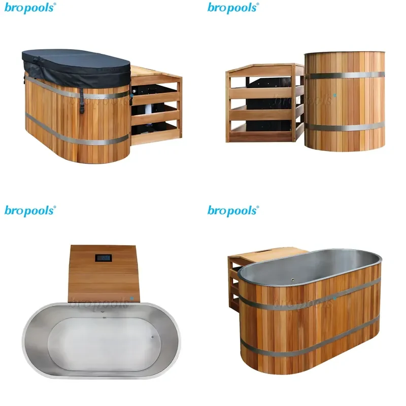 Modern Oval Ice Bath Recovery Spa Tub Stainless Steel Red Cedar Freestanding Design Easy-Set Installation Insulated Cooling