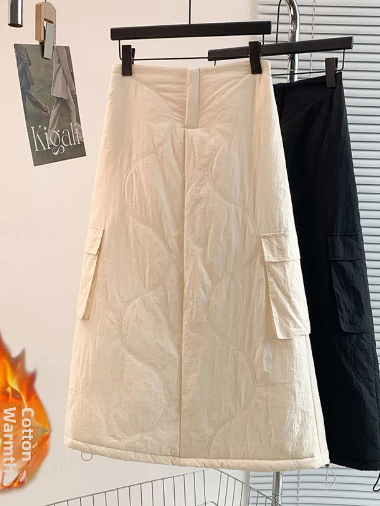 Thickened Cotton Warm Long Half-length Skirt Women's High Waist Straight Cut Winter Fashion Casual Style No  Korean Style
