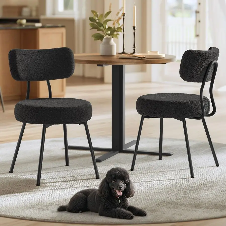 

Boucle Dining Chairs Set of 2, Upholstered Kitchen Dining Room Chairs with Curved Backrest and Steel Frame, Modern Mid Century,