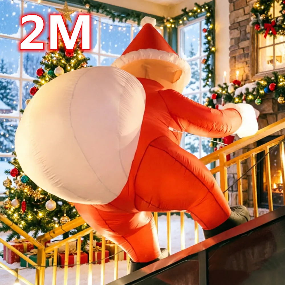 2M Christmas Inflatable Climbing Santa Claus Built-in LED Stair Railing Decor Outdoor Yard Garden Xmas Holiday Party Decoration