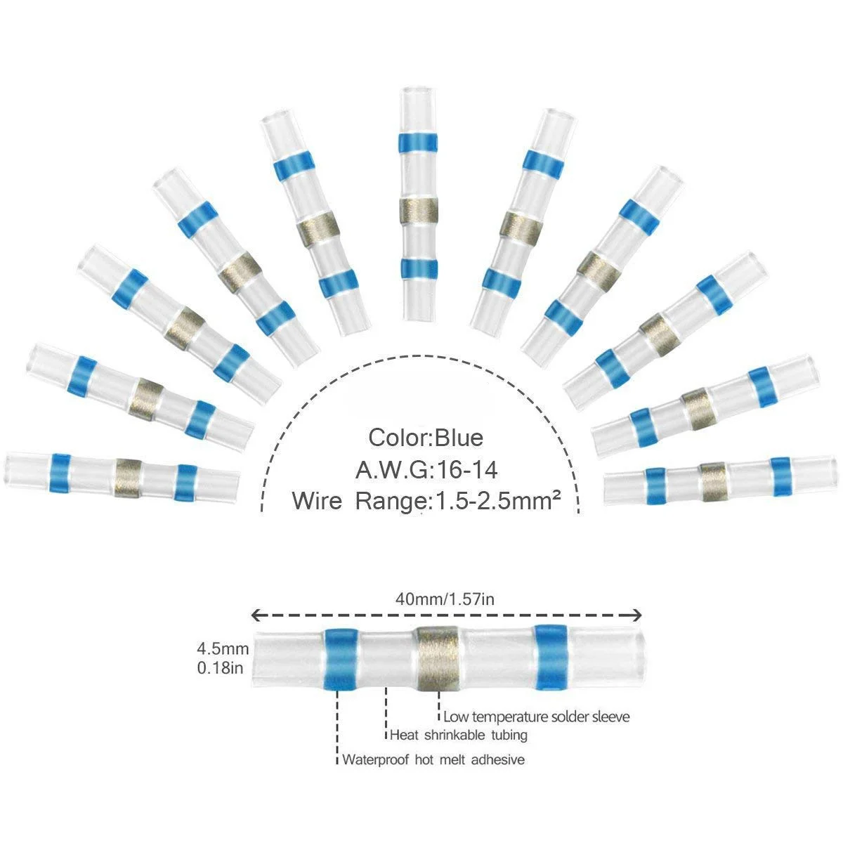 1000/500/100PCS Insulated Electrical Wire Butt Connectors Heat Shrink Solder Seal Sleeve Splice Terminals Blue 14-16AWG