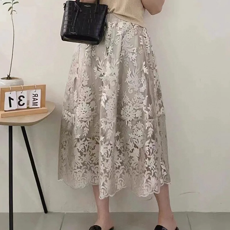 Elegant Nude White Floral Embroidery Sheer Lace Midi Skirt High Waist A-Line Flowy Skirt for Women Wedding Guest Party