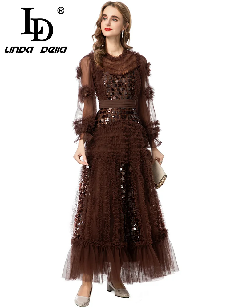 فستان LD LINDA DELL مطرز بالترتر بحافة مكشكشة بلون القهوة فستان مثير للولائم شبكي بأكمام طويلة ورقبة فستان نسائي عصري