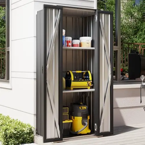 

Dark Grey Tall Outdoor Storage Cabinet With Two Removable Shelves, Rainproof, Rustproof And UV-Resistant For Garden, Patio Or