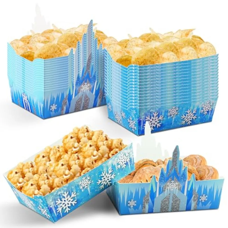 24Pcs Snowflake Paper Food Trays Castle Food Serving Boat Winter Snow Nacho Trays Disposable Snack bowl for Winter Wonderland P