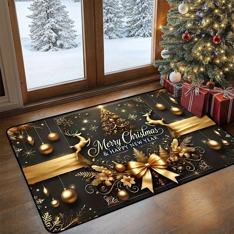Christmas Flannel Door Mat Xmas Tree Reindeer Bow Ornament Merry Christmas Print Non‑Slip Floor Rug for Indoor Entry Home Decor