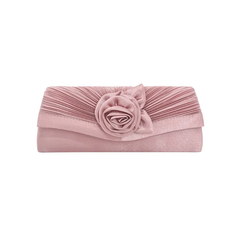 Pleated Satin Clutches Women Silk Gloss Surface Cloth 3D Flower Wedding Evening Bags Plain Colors Handbag Envelope Clutch Purse