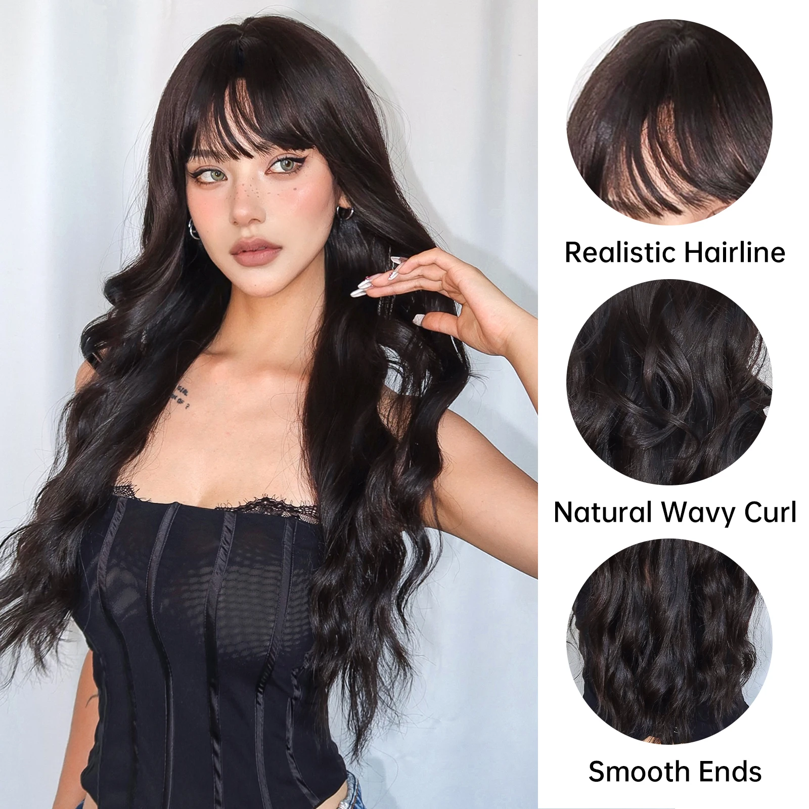 HENRY MARGU Black Synthetic Hair Wigs with Bangs Long Wavy Wig for Women Natural Realistic Fake Hair High Temperature Daily Wig