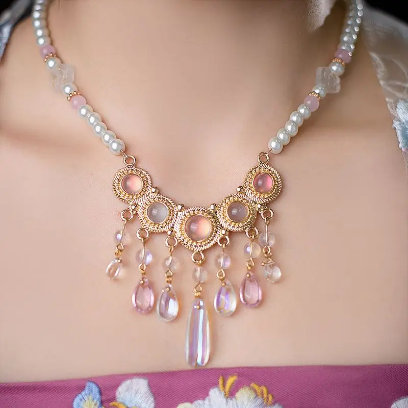 

Ancient Style Necklace Ming Dynasty Lotus Leaf Soft Necklace Tan Collar Accessories Symphony Five Rings Tassel Necklace Hanfu